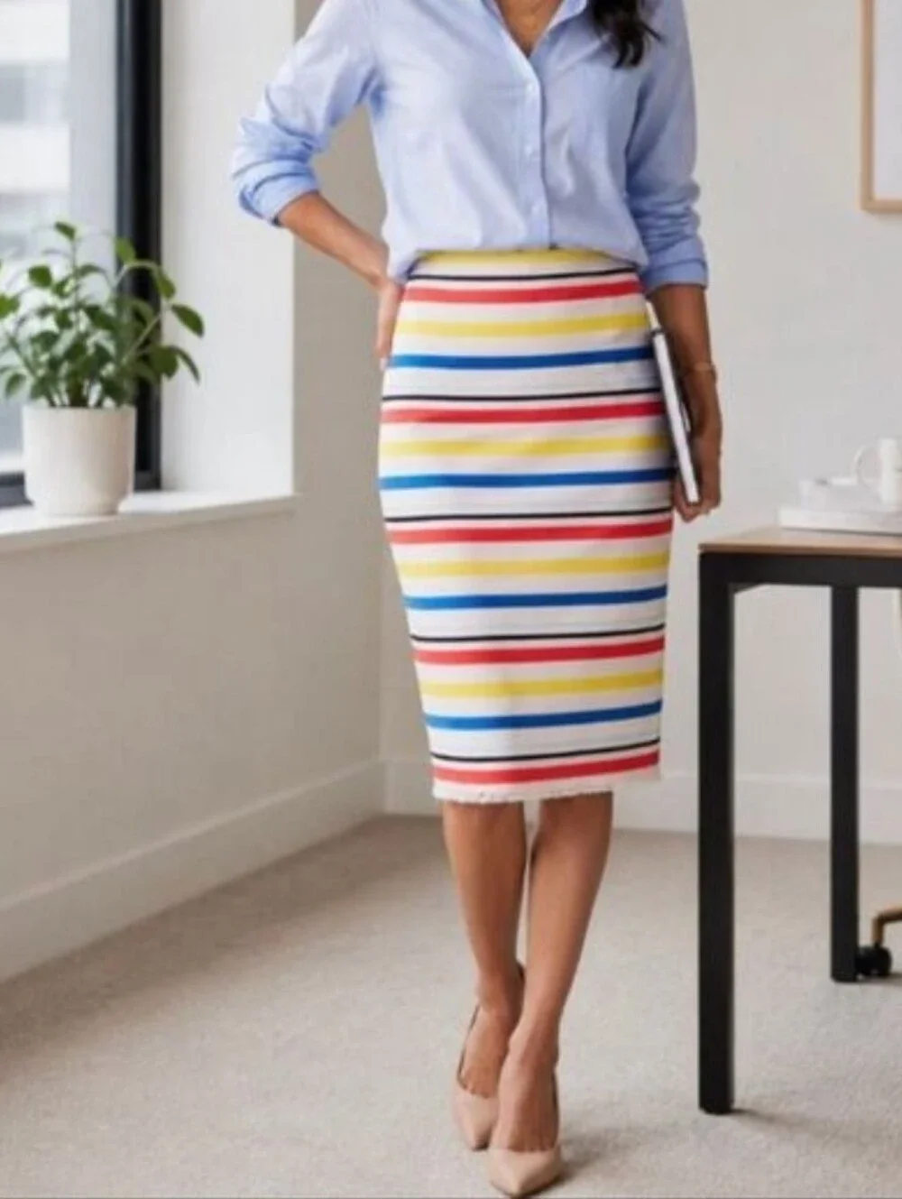 J Crew Striped Pencil Knee Skirt Fringe Red Yellow Blue Cream Lined 4 Back Slit